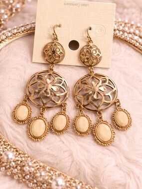 Elegant Gold Floral Drop Earrings with Cream Accents